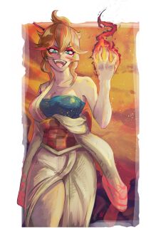 Rule 34 | 1girl, absurdres, black clover, border, boutsoftheblind, breasts, cleavage, commentary, embers, english commentary, eyeliner, fang, flaming hand, green eyes, hair between eyes, highres, japanese clothes, kimono, makeup, medium breasts, mereoleona vermillion, open mouth, orange hair, red eyeliner, signature, single bare shoulder, single off shoulder, smile, solo, teeth, tongue, upper teeth only, white border, white kimono