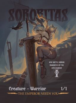 Rule 34 | 1girl, absurdres, animal ear hairband, animal ears, arm strap, bare shoulders, bird, black boots, black hairband, black pantyhose, boots, breasts, chainsword, commentary, english commentary, english text, fake animal ears, fingerless gloves, fishnet pantyhose, fishnets, fleur-de-lis, gloves, grey gloves, hairband, hand on hilt, high heel boots, high heels, highres, huge weapon, knee boots, lace-up boots, large breasts, leotard, less, looking at viewer, mark under eye, necktie, original, pantyhose, planted, planted sword, planted weapon, playboy bunny, rabbit ears, rabbit tail, red eyes, red leotard, red necktie, short hair, short necktie, sitting, solo, strapless, strapless leotard, sword, tail, vambraces, warhammer 40k, weapon, white hair