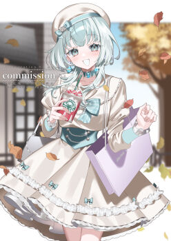 1girl absurdres autumn autumn_leaves bag blue_bow blue_eyes blurry blurry_background blush bow character_request collar commission copyright_request cup dress drinking_straw falling_leaves feet_out_of_frame gem hat highres holding holding_bag holding_cup house jewelry leaf looking_at_viewer mu_005555 open_mouth outdoors short_hair smile solo standing tree white_dress white_hair window