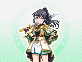 1girl black_hair brown_gloves capelet closed_mouth cutlass epaulettes fingerless_gloves game_cg gloves grey_eyes hand_on_own_hip holding holding_sword holding_weapon jacket long_hair looking_at_viewer moriyasu_kuina multicolored_hair official_art over_shoulder ponytail shoujo_kageki_revue_starlight shoujo_kageki_revue_starlight_-re_live- sidelocks skirt smile solo standing streaked_hair sword sword_over_shoulder upper_body weapon weapon_over_shoulder white_capelet white_hair white_jacket white_skirt