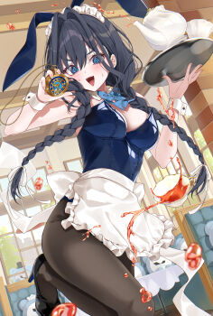 1girl :d @_@ absurdres alternate_costume animal_ears apron black_pantyhose black_shoes blue_bow blue_bowtie blue_eyes blue_hair blue_leotard bow bowtie braid breasts cafe commentary_request cup detached_collar fake_animal_ears fangs frilled_apron frills hair_intakes high_heels highres holding holding_pocket_watch holding_tray hololive hololive_english indoors kronie_(ouro_kronii) large_breasts leotard long_hair looking_at_viewer low_twin_braids maid mogu_(au1127) open_mouth ouro_kronii pantyhose playboy_bunny pocket_watch rabbit_ears shoes smile solo spill standing standing_on_one_leg teacup teapot teeth tray twin_braids unconventional_maid upper_teeth_only v-shaped_eyebrows virtual_youtuber waist_apron watch wrist_cuffs