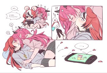 &gt;_&lt; 2girls animal_ears black_choker black_shorts black_streaks blue_eyes blush choker closed_eyes commentary_request ear_blush fangs flying_sweatdrops french_kiss grey_hoodie hakos_baelz halo heart highres hololive hololive_english hood hoodie horns irys_(hololive) kiss long_hair mouse_ears mouse_girl mouse_tail multiple_girls pink_hair pink_hoodie pointy_ears ramphastostella red_hair saliva shorts spoken_heart tail virtual_youtuber white_streaks yuri