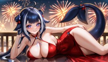 1girl absurdres aerial_fireworks ahoge black_hair blunt_bangs body_markings breasts cetacean_tail collar commentary commission covered_navel double_bun dress english_commentary fins fireworks fish_tail hair_bun heart heart_ahoge highres indie_virtual_youtuber large_breasts long_hair looking_at_viewer lying multicolored_hair on_side orca_girl purple_eyes red_collar red_dress shylily side_slit smile solo streaked_hair tail virtual_youtuber viviria white_hair
