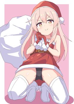 1girl bare_arms bare_shoulders belt black_panties boots brown_belt brown_eyes changaa commentary dress full_body fur-trimmed_dress fur-trimmed_gloves fur-trimmed_headwear fur_trim gloves gluteal_fold hair_between_eyes hat high_heel_boots high_heels highres kneeling light_blush long_hair looking_at_viewer onii-chan_wa_oshimai! oyama_mahiro panties pink_background pink_hair pom_pom_(clothes) red_dress red_gloves red_hat sack santa_costume santa_dress santa_hat simple_background smile solo strapless strapless_dress thigh_boots underwear white_boots