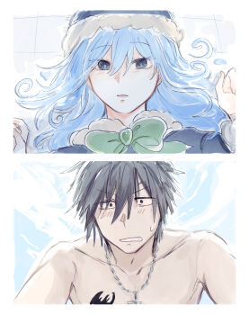 1boy 1girl absurdres black_hair blue_eyes blue_hair blush bow bowtie chest_tattoo cloud commentary couple cross cross_necklace dress embarrassed fairy_tail fur-trimmed_dress fur-trimmed_headwear fur_trim furuya_hisae gray_fullbuster green_bow green_bowtie hair_between_eyes hetero highres jewelry juvia_lockser long_hair looking_at_another looking_down looking_up lying necklace on_floor short_hair split_screen tattoo
