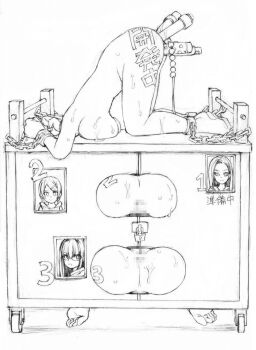 3girls anus bad_id bad_twitter_id barefoot bdsm body_writing bondage bound box breasts censored chain cumdump dildo full_body glasses greyscale censored highres lock long_hair medium_breasts monochrome mosaic_censoring multiple_girls nude object_insertion original padlock photo_(object) public_use pussy restrained sex_toy simple_background slave stationary_restraints through_wall tky_(kou_taku) translation_request vaginal vaginal_object_insertion vibrator wheel white_background