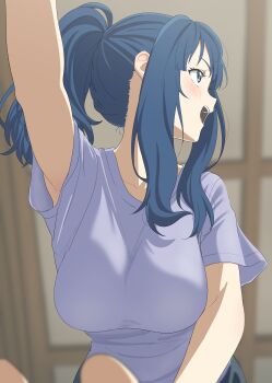 1girl absurdres arm_up armpit_peek armpits blue_eyes blue_hair blush breasts hand_up highres large_breasts long_hair make_heroine_ga_oo_sugiru! open_mouth ponytail scene_reference shirt short_sleeves sidelocks sincos smile solo white_shirt yanami_anna