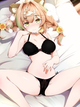 1girl absurdres animal_ears black_bra black_panties blonde_hair bow bow_panties bra braid breasts choker chromashift closed_mouth commentary daisy_dandelion english_commentary feet_out_of_frame flower green_eyes green_streaks hair_flower hair_intakes hair_ornament hand_on_own_stomach highres ko_pot-au-feu lace lace-trimmed_bra lace_trim large_breasts lion_ears lion_girl long_hair looking_at_viewer lying multicolored_hair navel on_back on_bed panties partially_visible_vulva pillow second-party_source side-tie_panties smile solo spread_legs streaked_hair thick_eyebrows twin_braids underwear underwear_only virtual_youtuber white_choker white_streaks