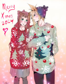 1boy 1girl 2024 aerith_gainsborough alternate_costume arm_behind_back artist_name beanie black_pants blonde_hair blue_eyes blush bow brown_hair christmas christmas_stocking cloud_strife commentary couple cowboy_shot earrings english_commentary final_fantasy final_fantasy_vii green_eyes green_sweater grey_pantyhose grey_skirt hair_between_eyes hair_bow hat hat_bow herzloserengel hetero highres holding_another's_arm jewelry long_hair looking_at_another merry_christmas pants pantyhose parted_bangs red_sweater ring short_hair sidelocks single_earring skirt spiked_hair sweater
