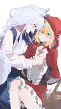 2girls absurdres animal_ears anisphia_wynn_palettia blue_bow blue_bowtie blue_skirt blush bow bowtie braid cape closed_mouth commentary_request euphyllia_magenta green_eyes highres holding_another&#039;s_wrist hood hood_up hooded_cape multiple_girls red_cape red_skirt shirt simple_background single_braid sitting skirt suspender_skirt suspenders sweatdrop tensei_oujo_to_tensai_reijou_no_mahou_kakumei white_background white_hair white_shirt wolf_ears ydpfa yuri