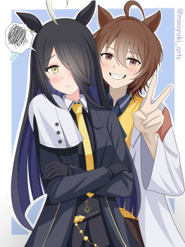 Rule 34 | 2girls, absurdres, agnes tachyon (tach-nology) (umamusume), agnes tachyon (umamusume), ahoge, animal ears, black coat, black gloves, black hair, black necktie, black shirt, blush, brown hair, brown pantyhose, coat, collared shirt, commentary request, ear tag, earrings, frown, gloves, grin, hair between eyes, highres, horse ears, horse girl, jewelry, lab coat, long bangs, long hair, long hair between eyes, long sleeves, manhattan cafe (creeping shadow) (umamusume), manhattan cafe (umamusume), multicolored hair, multiple girls, naoyuki arts, necktie, open mouth, pantyhose, red eyes, shirt, short necktie, single earring, skirt, sleeves past fingers, sleeves past wrists, smile, speech bubble, spoken squiggle, squiggle, sweater, sweater vest, teeth, umamusume, v, white coat, white hair, wolf cut, yellow eyes, yellow necktie, yellow sweater, yellow sweater vest