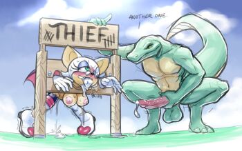 1boy 1girl after_fellatio aftersex animal_ears animal_nose animal_penis bat_ears bat_girl bat_wings bent_over black_eyes blue_eyeshadow blue_sky blush body_fur boots breasts character_request cleft_of_venus cloud collarbone colored_sclera colored_skin cum cum_in_mouth cum_in_pussy cum_on_body cum_overflow cumdrip day english_text erection eye_contact eyeshadow facial furry furry_female furry_male gloves green_eyes green_skin half-closed_eye hanging_breasts highres leaning_forward lizard_tail looking_at_another makeup medium_breasts multicolored_skin navel nipples nose_blush one_eye_closed outdoors pectorals penis pigeon-toed pillory public_use pussy reptile_boy restrained rockthebull rouge_the_bat short_hair sign sketch sky snout sonic_(series) spread_legs squatting standing stationary_restraints stocks sweat tail talking tally testicles thigh_boots tiptoes torn_footwear trembling two-tone_skin uncensored white_footwear white_fur white_gloves white_hair wince wings yellow_sclera yellow_skin