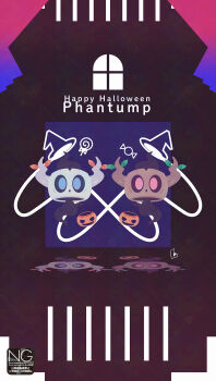 alternate_color blue_eyes candy colored_sclera food full_body gen_6_pokemon halloween hat highres lollipop looking_at_viewer meme_(sleepsheep) nintendo no_humans open_mouth phantump pokemon pokemon_(creature) pokemon_focus pumpkin red_eyes reflection shiny_pokemon swirl_lollipop witch_hat