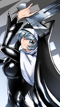 Rule 34 | 1girl, black dress, breasts, character name, digimon, digimon (creature), dress, fang, grey background, grey eyes, grey hair, gun, hair over one eye, highres, hisuikouha, holding, holding gun, holding weapon, large breasts, simple background, sistermon noir, smile, solo, upper body, weapon