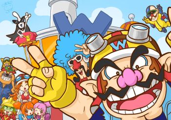 3girls 6+boys 9-volt alien ana_(warioware) blue_hair blue_sky brown_eyes brown_hair colored_skin denkikurage1105 dr._crygor dribble_(warioware) facial_hair fangs fingerless_gloves furry furry_male gloves helmet highres jimmy_t jumpsuit kat_(warioware) looking_at_viewer mona_(warioware) motorcycle_helmet multiple_boys multiple_girls mustache nintendo open_mouth orange_hair orbulon pink_hair pointy_ears sky smile spitz sunglasses thick_eyebrows v wario warioware white_skin yellow_gloves yellow_jumpsuit