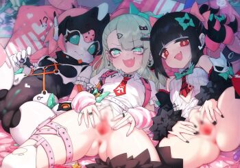 !? 3girls anus asymmetrical_bangs bare_shoulders belt black_hair black_nails blunt_bangs blur_censor bow cat_hair_ornament censored chinatsu_remiel chinese_commentary clothing_cutout colored_anus colored_pussy commentary_request green_anus green_bow green_eyes green_pussy grey_hair hair_bow hair_ornament hairpin heart heart_hair_ornament heart_in_mouth highres humanoid_robot jewelry kupa_(jesterwii) loli multicolored_eyes multicolored_hair multiple_girls necktie nervous_sweating paid_reward_available pillow pink_eyes pink_hair pouch presenting pussy red_eyes red_necktie ring robot robot_ears robot_girl rokudu_sariel smile spread_pussy striped_clothes sweat thigh_belt thigh_pouch thigh_strap thighs too_many_bows two-tone_eyes two-tone_hair variant_set vertical-striped_clothes yutane_johiel zenless_zone_zero