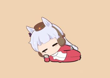 Rule 34 | 1girl, = =, animal ears, blush stickers, bow, brown background, brown hat, chibi, closed eyes, commentary request, ear bow, ear covers, full body, gold ship (umamusume), gomashio (goma feet), grey hair, hat, horse ears, horse girl, horse tail, jacket, leaning to the side, long sleeves, mini hat, pants, purple bow, reclining, red jacket, red pants, simple background, solo, tail, track jacket, track pants, track suit, umamusume