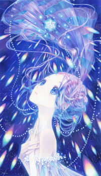 1girl absurdres blue_eyes blue_hair closed_mouth colored_skin commentary_request expressionless eyelashes floating_clothes forehead hair_bun halcho hands_up highres looking_up marker_(medium) multicolored_hair off_shoulder original single_hair_bun solo star_(sky) traditional_media two-tone_hair upper_body veil white_skin