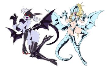 2girls alternate_hairstyle angel angel_girl angewomon armor bikini_armor blue-eyes_white_dragon blue-eyes_white_dragon_(cosplay) claw_pose color_connection cosplay curvy demon demon_girl digimon digimon_(creature) full_body gerusyu ladydevimon long_hair looking_at_viewer mask multiple_girls open_mouth ponytail red-eyes_black_dragon red-eyes_black_dragon_(cosplay) revealing_clothes smile twintails wide_hips yu-gi-oh!