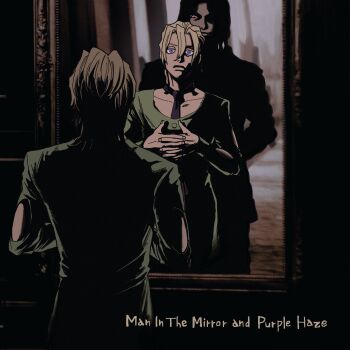 2boys blonde_hair commentary commentary_request dark different_reflection english_commentary english_text evil_grin evil_smile formal_clothes glowing glowing_eyes grin hellomadjackass high_contrast highres illuso jojo_no_kimyou_na_bouken looking_at_mirror male_focus mirror multiple_boys necktie pannacotta_fugo partially_shaded_face purple_eyes purple_necktie red_eyes reflection short_hair smile subtitled suit vento_aureo