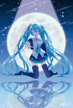 1girl absurdres aqua_eyes aqua_hair aqua_nails detached_sleeves facing_viewer hand_on_own_chest hatsune_miku headset highres kneeling long_hair meteor_shower moon night night_sky open_mouth reflection sky smile solo sparkle spotlight very_long_hair vocaloid yanagima_yu03
