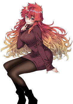 Rule 34 | 1girl, alternate costume, ankle boots, arm support, black boots, blonde hair, blush, boots, breasts, brown dress, brown pantyhose, closed mouth, commentary request, dola (nijisanji), dress, eyelashes, finger to mouth, full body, gradient hair, hair between eyes, hand up, highres, index finger raised, invisible chair, large breasts, light smile, lips, long bangs, long hair, looking at viewer, messy hair, multicolored hair, nijisanji, orange eyes, orange hair, pantyhose, red hair, ribbed dress, short dress, simple background, sitting, sleeves past wrists, solo, sweater, sweater dress, takanashi ringo, variant set, very long hair, virtual youtuber, white background