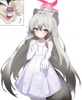 1girl absurdres ahoge animal_ears bare_shoulders bell blue_archive blush choker collarbone commentary_request dress elbow_gloves flat_chest gloves grey_hair hair_between_eyes halo hat highres jewelry jingle_bell long_hair michiru_(blue_archive) michiru_(dress)_(blue_archive) neck_bell ring ring_box shi'er_jiang simple_background solo tail very_long_hair white_background white_dress white_gloves yellow_eyes