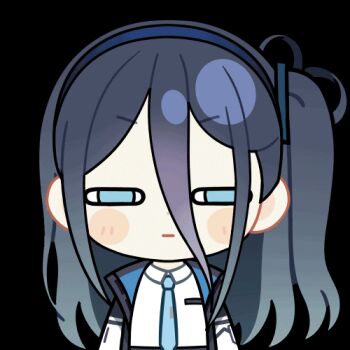 1girl :| anger_vein animated animated_gif aqua_eyes aqua_necktie aris_(blue_archive) black_jacket blue_archive blue_hair blue_hairband blue_jacket blush_stickers chibi chunye_haruya closed_mouth collared_shirt dot_nose hair_between_eyes hairband half-closed_eyes jacket long_bangs long_hair long_hair_between_eyes looking_at_viewer lowres multicolored_jacket necktie one_side_up open_clothes open_jacket school_uniform second-party_source shaded_face shirt simple_background solo squinting transparent_background upper_body white_jacket white_shirt