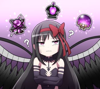 1girl ? absurdres akemi_homura akuma_homura black_dress black_gloves black_hair black_wings commentary_request dark_orb_(madoka_magica) dress elbow_gloves feathered_wings gloves hair_ribbon highres koa_(1138krdr) looking_at_viewer mahou_shoujo_madoka_magica mahou_shoujo_madoka_magica:_hangyaku_no_monogatari purple_eyes red_ribbon ribbon sidelocks solo sweatdrop wings