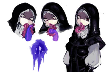 1girl absurdres black_bodice black_capelet black_hood capelet censored commentary_request elden_ring elden_ring_nightreign fellatio highres mosaic_censoring mouth_tentacles multiple_views oral partially_shaded_face portrait red_eyes solo sora_sakura tentacle_girl tentacle_tongue tentaclejob tentacles tongue tongue_out undertaker_(elden_ring) upper_body white_coif