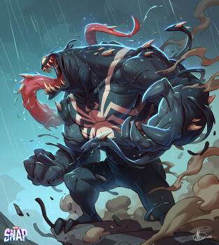 1boy animal_print artist_name claws fingernails highres living_clothes logo long_tongue male_focus marvel marvel_snap monster_boy muscular muscular_male nicola_saviori official_art parasite rain rock sharp_fingernails sharp_teeth sharp_toenails signature slime_boy smoke solo spider-man_(series) spider_print spider_web_print standing standing_on_rock symbiote teeth toenails tongue tongue_out venom_(marvel) very_long_tongue water_drop wet white_eyes