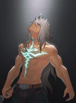 1boy abs balmung_(fate) bara black_pants bulge dark-skinned_male dark_skin fate/apocrypha fate_(series) highres hunterkay long_hair looking_up male_focus muscular muscular_male navel nipples pants pectorals platinum_blonde_hair topless_male siegfried_(fate) stomach