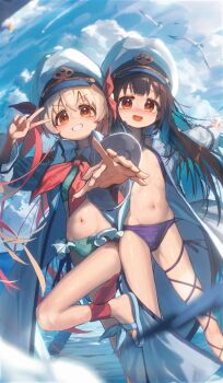 2girls absurdres ankle_cuffs ap04astral bikini bird blue_sky blush breasts cloud coat flip-flops frilled_bikini frills grin highres hozuki_momiji long_hair looking_at_viewer multiple_girls navel neckerchief ocean onii-chan_wa_oshimai! open_clothes open_coat open_mouth orange_eyes outdoors oyama_mahiro pink_hair reaching reaching_towards_viewer sandals seagull sky small_breasts smile standing standing_on_one_leg swimsuit v v_over_eye
