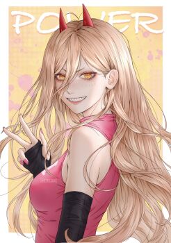 1girl artelsia blonde_hair chainsaw_man cross-shaped_pupils demon_girl demon_horns grin hair_between_eyes highres horns long_hair pink_nails pink_shirt power_(chainsaw_man) red_horns sharp_teeth shirt sleeveless sleeveless_shirt smile solo symbol-shaped_pupils teeth w yellow_eyes