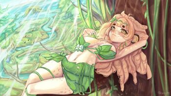 1girl absurdres arm_up bananajuju bikini blonde_hair breasts closed_mouth freckles highres indie_virtual_youtuber leaf_bikini leaf_skirt long_hair lying lying_on_branch medium_breasts monkey_girl on_back seori091 smile solo virtual_youtuber yellow_eyes
