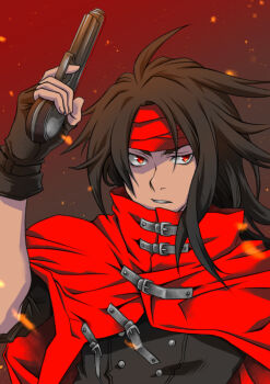 1boy belt_buckle black_gloves black_hair buckle cape cloak commentary_request final_fantasy final_fantasy_vii fingerless_gloves gloves gradient_hair gun hand_up headband highres holding holding_gun holding_weapon long_hair looking_at_viewer male_focus multicolored_hair parted_lips red_cape red_cloak red_eyes red_headband solo star_klef upper_body vincent_valentine weapon