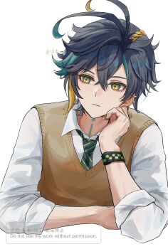 Rule 34 | 1boy, absurdres, black hair, blonde hair, brown vest, closed mouth, earrings, genshin impact, green eyes, green hair, green necktie, hair between eyes, highres, jewelry, kinich (genshin impact), long sleeves, male focus, multicolored hair, neck tattoo, necktie, school uniform, shirt, short hair, skg g, solo, spiked ear piercing, streaked hair, tattoo, vest, white shirt