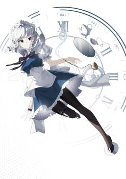 Rule 34 | 1girl, absurdres, apron, awmin, back bow, between fingers, black bow, black bowtie, black pantyhose, black shoes, blue eyes, blue skirt, blue vest, bow, bowtie, braid, collared shirt, commentary, cup, dial, english commentary, expressionless, falling, full body, gears, green bow, grey hair, hair bow, highres, holding, holding knife, izayoi sakuya, knife, knives between fingers, maid, maid apron, maid headdress, medium hair, pantyhose, pocket watch, saucer, shirt, shoes, skirt, solo, teacup, teapot, thigh strap, touhou, tray, twin braids, vest, watch, white background, white bow, white shirt
