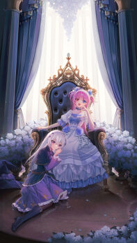 Rule 34 | 2girls, :d, ahoge, arm support, artist request, belt, black capelet, blue eyes, boots, capelet, chair, check artist, collarbone, commission, dress, fang, flower, frilled dress, frills, grey hair, hair flower, hair ornament, hat, heterochromia, high heel boots, high heels, highres, leaning on person, leno^a^, long hair, multiple girls, on chair, open mouth, original, pink hair, plant, pointy ears, potted plant, purple dress, purple eyes, red eyes, reflection, rose, second-party source, smile, unworn headwear, variant set, white dress, white flower, white rose, witch hat