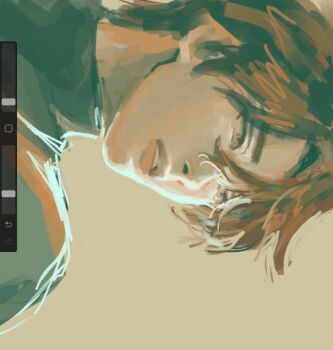 1boy 9158mimo art_program_in_frame backlighting black_eyes black_hair black_shirt crew_neck curtained_hair hair_between_eyes highres male_focus muted_color omniscient_reader&#039;s_viewpoint parted_lips portrait screencap serious shirt short_hair sideways solo yoo_joonghyuk