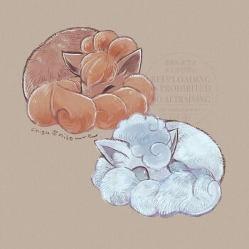 alolan_form alolan_vulpix animal_focus blue_eyes brown_background closed_eyes commentary_request fox gen_1_pokemon gen_7_pokemon lying momomo12 nintendo no_humans pokemon pokemon_(creature) pokemon_focus simple_background sleeping twitter_username vulpix