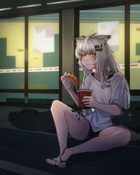 1girl absurdres alternate_costume animal animal_ear_fluff animal_ears arknights black_shorts blue_sandals chewing commentary cup disposable_cup dog drink drinking_straw eating english_commentary flip-flops food food_on_face full_body grey_eyes hair_ornament hairclip highres holding holding_drink holding_food lappland_(arknights) lappland_the_unemployed_(meme) long_hair looking_at_viewer material_growth meme night oripathy_lesion_(arknights) outdoors pizza pizza_slice sandals saturdaylight scar scar_on_face shirt short_shorts short_sleeves shorts sitting solo t-shirt toes white_hair white_shirt wolf_ears wolf_girl