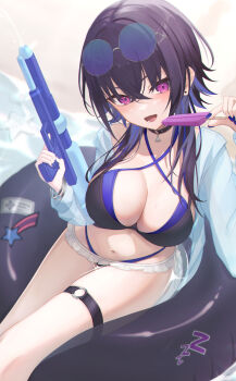 1girl bikini black_choker black_hair blue_bikini blue_hair choker double_bikini eyewear_on_head food hair_between_eyes highres holding holding_food holding_popsicle ichinose_uruha jacket looking_at_viewer multicolored_hair navel open_clothes open_jacket open_mouth popsicle purple_eyes sitting solo streaked_hair sunglasses swim_ring swimsuit unidon_48 virtual_youtuber vspo! water_gun