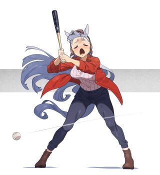 Rule 34 | 1girl, animal ears, ball, baseball (object), baseball bat, black pants, blunt bangs, brown footwear, casual, closed eyes, full body, gold ship (umamusume), grey background, grey hair, highres, holding, holding baseball bat, horse ears, horse girl, horse tail, long hair, long sleeves, nishiki kazue, open mouth, pants, pillbox hat, red shirt, ribbed sweater, shirt, simple background, solo, sweater, tail, two-tone background, umamusume, white background, white sweater