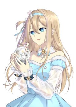 1girl absurdres aqua_dress aqua_hairband ball bare_shoulders blonde_hair blue_eyes breasts dress fur-trimmed_collar fur_trim girls&#039;_frontline hair_ornament hairband highres holding holding_ball light_smile long_hair long_sleeves looking_at_viewer official_alternate_costume open_mouth sidelocks small_breasts solo suomi_(girls&#039;_frontline) suomi_(korvatunturi_pixie)_(girls&#039;_frontline) suprii upper_body white_background