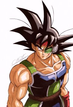 1boy armor bardock black_eyes black_hair catdestroyer cross_scar dragon_ball dragonball_z facial_scar headband highres male_focus monkey_tail muscular muscular_male saiyan saiyan_armor scar scar_on_cheek scar_on_face scouter short_hair simple_background spiked_hair tail tail_around_waist wristband