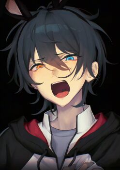 Rule 34 | 1boy, absurdres, black background, blue eyes, commentary request, drawstring, ensemble stars!, hair between eyes, high collar, highres, ji baaku, kagehira mika, looking at viewer, male focus, open mouth, orange eyes, portrait, short hair, solo, teeth, tongue