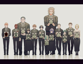 Rule 34 | 3girls, 6+boys, aqua hair, bandaged head, bandages, bare shoulders, black dress, black footwear, black hair, black necktie, black pants, black suit, bob cut, bonolenov ndongo, boots, brown hair, chrollo lucilfer, collared shirt, cross, drawing (object), dress, dress shirt, earrings, facial mark, facial scar, feitan portor, forehead mark, formal clothes, franklin bordeau, funeral, funeral dress, glasgow smile, glasses, green hair, hair over one eye, hair over shoulder, hair pulled back, hair slicked back, highres, hisoka morow, holding, hunter x hunter, iei, jewelry, korutopi, letterboxed, lineup, long sleeves, machi komacine, male focus, motakokun, multiple boys, multiple girls, necktie, nobunaga hazama, odd one out, one eye covered, pakunoda, pants, parted bangs, phinks magcub, purple hair, round eyewear, scar, scar on cheek, scar on face, scar on forehead, scar on nose, shalnark, shirt, shizuku murasaki, shoes, short hair, sidelocks, sleeveless, sleeveless dress, smile, split mouth, standing, straight-on, suit, uvogin, white background, white shirt