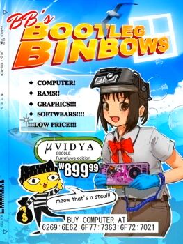 1girl 1other animal_ears antistatic_wrist_strap artist_name beanie black_hat black_pants blue_background blue_gloves blush bow bowtie brown_eyes brown_hair brown_pants bubble burglar cat_ears cloud cropped_legs dollar_sign english_text engrish_text fake_ad fish gloves graphics_card hat head-mounted_display hexadecimal highres holding jpeg_artifacts jpeg_artifacts_on_purpose looking_at_viewer medium_hair money_bag notfuji open_mouth original outline pants polo_shirt prison_clothes ranguage red_bow red_bowtie rubber_gloves shirt short_sleeves sky speech_bubble striped_clothes striped_shirt text_focus typo vertical-striped_hat white_outline white_shirt won_sign