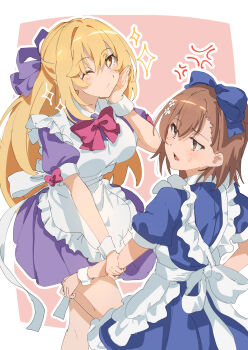 2girls absurdres alternate_costume anger_vein apron asymmetrical_bangs blonde_hair blue_bow blue_dress bow bowtie breasts brown_eyes brown_hair ci31205 commentary_request dress enmaided grabbing_another&#039;s_arm hair_between_eyes hair_bow hair_ornament hairpin hand_on_own_cheek hand_on_own_face highres large_breasts long_hair maid maid_apron misaka_mikoto multiple_girls one_eye_closed purple_bow purple_dress red_bow red_bowtie shokuhou_misaki simple_background sparkle toaru_kagaku_no_railgun toaru_majutsu_no_index white_apron white_wrist_cuffs wrist_cuffs